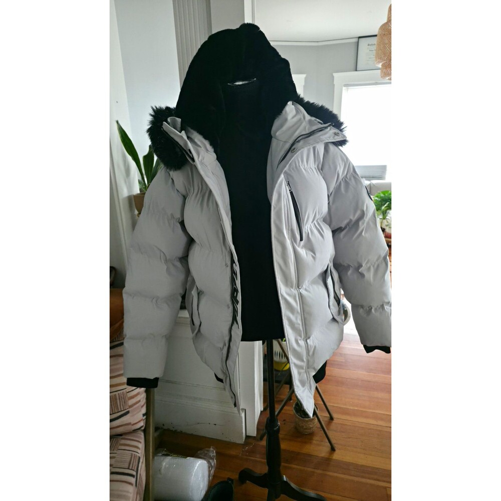 Supply & Demand Men's Gray/Black Hooded Puffer Jacket, Fur Trim, Zip, Size M